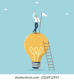 Creative thinking and brainstorming to achieve goals, new business ideas for profit, innovative ideas for great success, logic and intelligence to solve problems, man stands with a flag on light bulb.