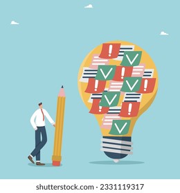 Creative thinking and brainstorming to achieve goals, a big idea for solving business problems, searching for new opportunities and directions, man stands with a pencil near a light bulb with stickers