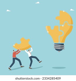 Creative thinking and brainstorming to achieve goals, teamwork in achieving goals, thought process and search for ideas for results and success in business, men carry missing puzzle to the light bulb.