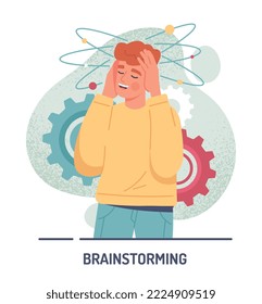Creative thinking and brainstorming. Man takes revenge and holds his hands on his head, young guy trying to solve problem and task. Poster or banner for website. Cartoon flat vector illustration