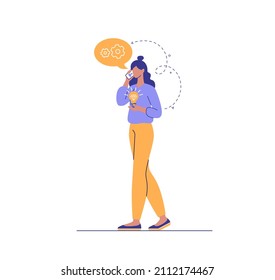 Creative thinking, business idea, find solution and share idea. Problem solving, brainstorming and imagination. Young woman shares her brilliant idea on smartphone. Concept vector flat illustration