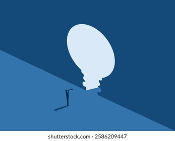 Creative thinking, Businessman standing looking through telescope in front of the light bulb door