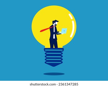 Creative thinking. Businessman working on laptop in light bulb 