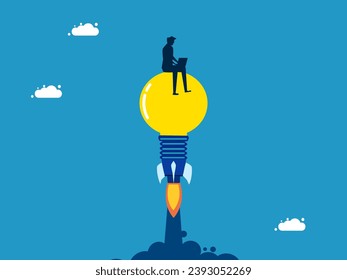 Creative thinking. Businessman working on lightbulb rocket soaring in the sky 