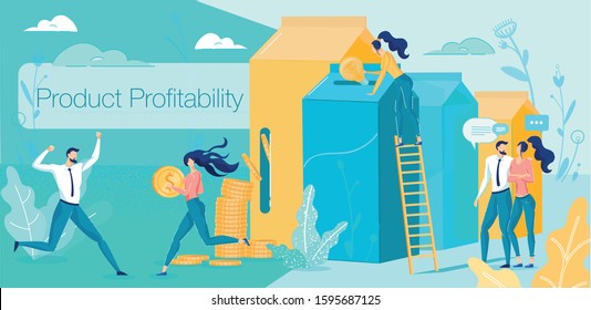 Creative Thinking Cartoon People Characters and Product Profitability. Effective Business Ideas and Successful Productivity. Profit Management and Development Strategy. Vector Flat Illustration