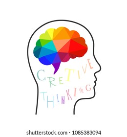 Creative thinking concept with colorful brain in low poly design and head silhouette