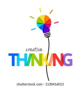 Creative thinking concept with colorful lightbulb. Integrated text and lettering made of different colors with multiply blend mode.