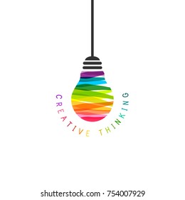 Creative thinking concept with hanging lightbulb made of colorful paint strokes