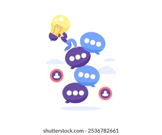 creative thinking concept. having a chat to get ideas and solutions, gathering opinions. discussing to make decisions. discussion forum. illustration of people running in a chat bubble. flat style 