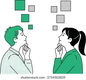 Creative thinking concept illustration, man and woman looking at abstract shapes brainstorming ideas communication vector isolated on white background