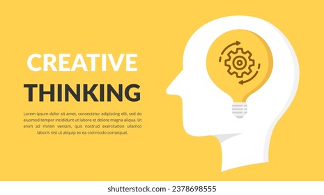 Creative thinking concept with light bulb with gear inside human brain, vector eps10 illustration