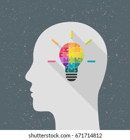 Creative thinking concept with light bulb made of colorful puzzle and human head. Flat design with long shadow. 