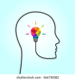 Creative thinking concept with multicolor lightbulb and human head as wire line