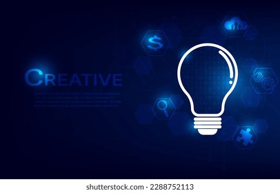 Creative thinking digital technology background. Business icons with binary digit concept. Creative ideas of light bulbs. Hi-tech vector illustration.