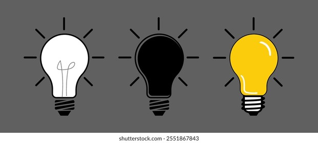 Creative thinking, electricity symbol, Light Bulb Icon Ideal for Ideas, Lamp icon set. Bulb icon vector Illustrations, set of light bulb icon, Idea symbol, Electric lamp, light, innovation, solution, 