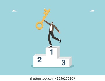 Creative thinking to find way out of difficult situation, secret key to generating brilliant idea, brainstorming to create innovation or development strategy, man with a key stands on a pedestal.