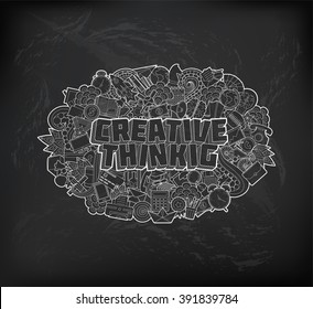 Creative Thinking - Hand Lettering and Doodles Elements Sketch on Chalkboard Background.Vector illustration. Motivation