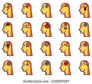 Creative thinking head colours outline icon set, mind set human resource vector, eye idea and ecology innovation icon illustration