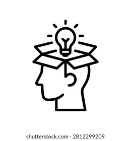 Creative Thinking icon featuring a human profile with an open box and illuminated light bulb. Represents innovation, creativity, brainstorming, problem solving, knowledge discovery, and business ideas.