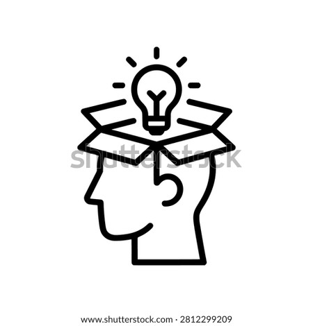 Creative Thinking icon featuring a human profile with an open box and illuminated light bulb. Represents innovation, creativity, brainstorming, problem solving, knowledge discovery, and business ideas.