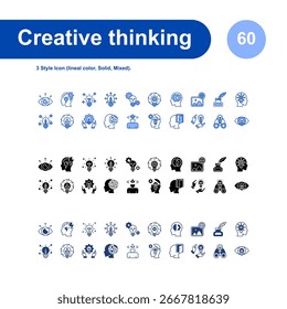 Conjunto de iconos de pensamiento creativo con 3 iconos de estilo (color lineal, sólido, mixto).