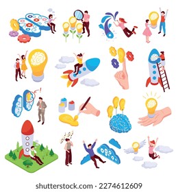 Creative thinking icons set with breakthrough symbols isometric isolated vector illustration