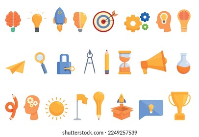 Iconos de pensamiento creativo configuran el vector de dibujos animados. Idea de solución. Bombilla