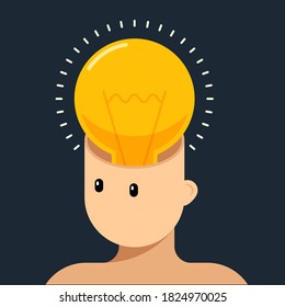 Creative thinking idea and brain training concept flat design style decorative with human head and light bulb, vector illustration