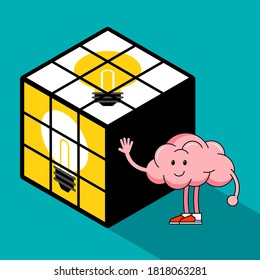 Creative thinking idea concept decorative with human brain cartoon character standing next to light bulb Rubik’s cube flat design style. vector illustration