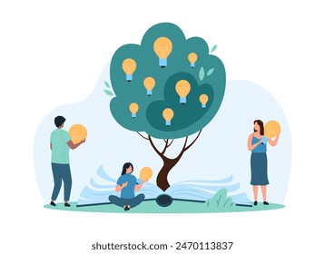 Creative thinking and idea development, education. Tiny people growing knowledge tree from open book and school textbook, plant with light bulbs and leaf on branches cartoon vector illustration