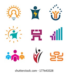 Creative thinking idea people of new age technology logotype construction and app play development icon set logo
