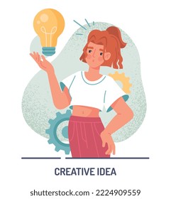 Creative thinking and idea. Woman stands with light bulb in her hand, brainstorming and insight. Start up and innovation, solving. Infographics for social networks. Cartoon flat vector illustration