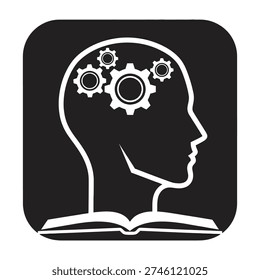 Creative thinking illustrated by gear driven human head over open book