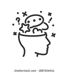 Creative Thinking, Imagination, Genius, Thought Process. Half Head With Speech Cloud, Star, Heart, Crosses And Signs, Linear Icon. Line With Editable Stroke