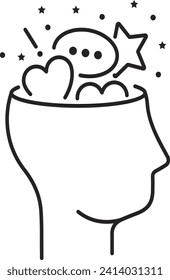 Creative thinking, imagination, genius, thought process. Half head with speech cloud, star, heart, crosses and signs, linear icon