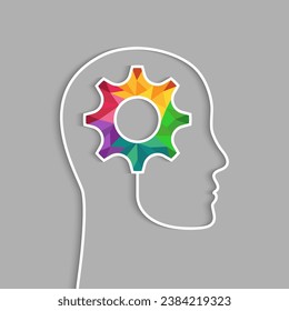 Concepto creativo de pensamiento, innovación o imaginación con engranajes coloridos que se conectan al contorno de la cabeza y el perfil facial de los seres humanos