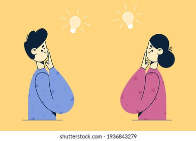 Creative thinking, Innovation, new ideas concept. Creative smiling man and woman standing thinking with light bulbs above meaning new opportunities, ideas, creative business projects and development 