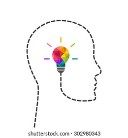 Creative thinking and learning concept with colorful lightbulb and human profile line. Vector eps10 illustration.