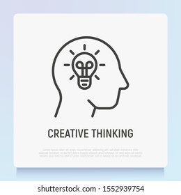 Creative thinking: light bulb in head. Thin line icon. Genius idea, innovation. Modern vector illustration.