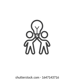 Creative thinking line icon. Two people with lamp linear style sign for mobile concept and web design. Teamwork idea lamp outline vector icon. Symbol, logo illustration. Vector graphics