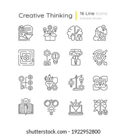 Creative thinking linear icons set. Idea prioritization. Thinking outside the box. Analyzing information. Customizable thin line contour symbols. Isolated vector outline illustrations. Editable stroke