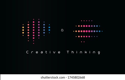 Creative thinking logo. Dotted machine learning emblem. Artificial intelligence engineering icon. Isolated creativity and imagination vector illustration. Colorful science innovations.