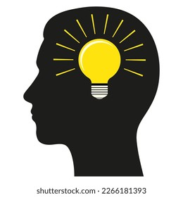 Ilustración del logo de pensamiento creativo.Cabeza humana con una bombilla de luz sobre un fondo blanco