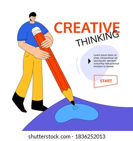 Creative thinking - modern colorful flat design style web banner with line elements, copy space for text. Creativity at work, inspiration idea. An illustration with a boy writing with a pencil