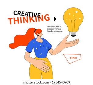 Creative thinking - modern colorful line design style web banner with copy space for text. Creativity at work, inspiration concept. A composition with a trendy character, cute girl holding a lightbulb