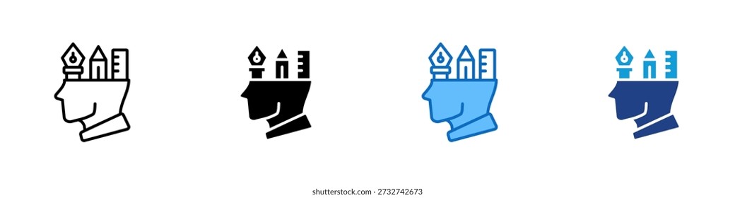Creative Thinking Multiple Style Icon Design Vector - Human head with buildings and pen nib, representing creativity, ideation, and conceptual thinking