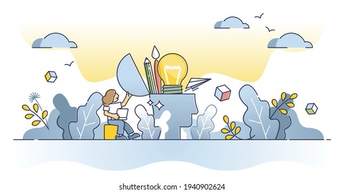 Creative thinking with new ideas as innovative solution outline concept. Out of box approach to business with open mind and inspirational person vector illustration. Bright head with creation talent.