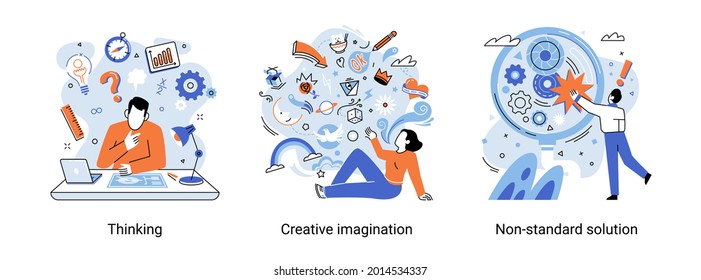 Creative thinking. People with different mental mindset types or models creative. Imaginative non standard solution thinking. MBTI person metaphor. Mind behavior concept. Brain think people solve idea