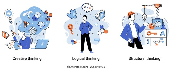 Creative Thinking. People With Different Mental Mindset Types Or Model Creative. Imaginative Logical And Structural Thinking. MBTI Person Metaphor. Mind Behavior Concept. Brain Think People Solve Idea