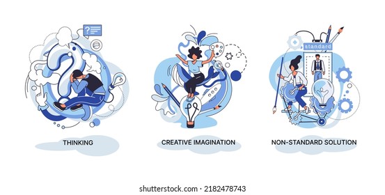 Creative thinking. People with different mental mindset types or model creative. Imaginative logical and structural thinking. MBTI person metaphor. Non standart solution. Brain think people solve idea